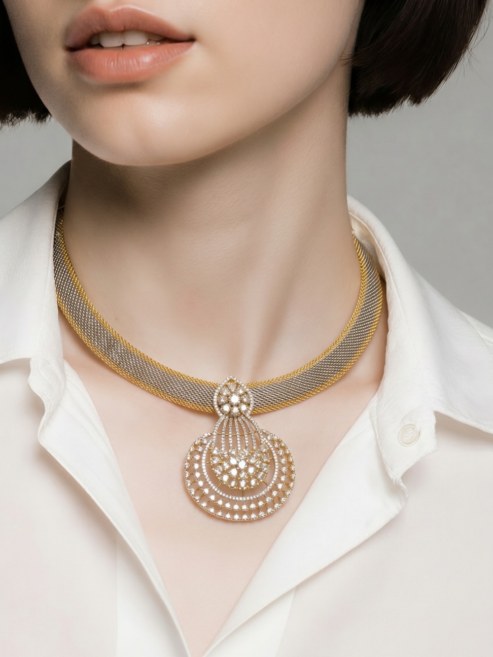 Gold and Silver Mesh chain Two-Tone Crystal Pendant Necklace and earrings